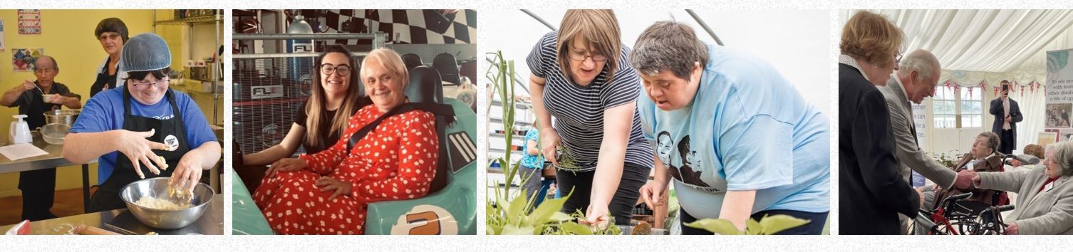 Four photos showing people engaged in various activities: cooking, interacting, gardening, and assisting others.