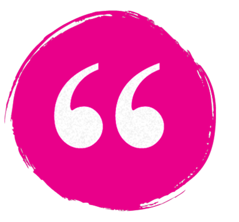 White quotation marks on a pink, brushstroke-style circle.