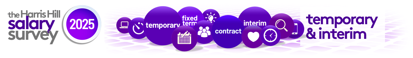 The North Hill Salary Survey 2025. Purple bubbles and text for temporary & interim.