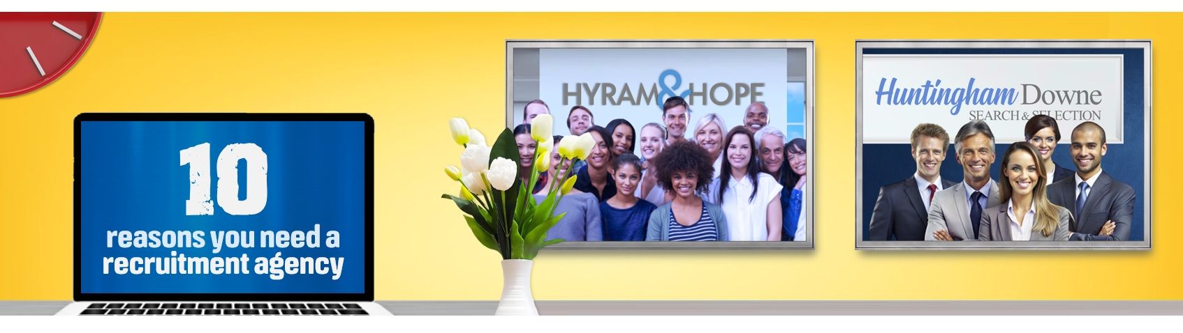 Laptop screen with number 10, group of people, and group of people in suits.