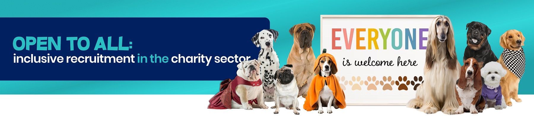 Dogs in costumes and a sign that reads 