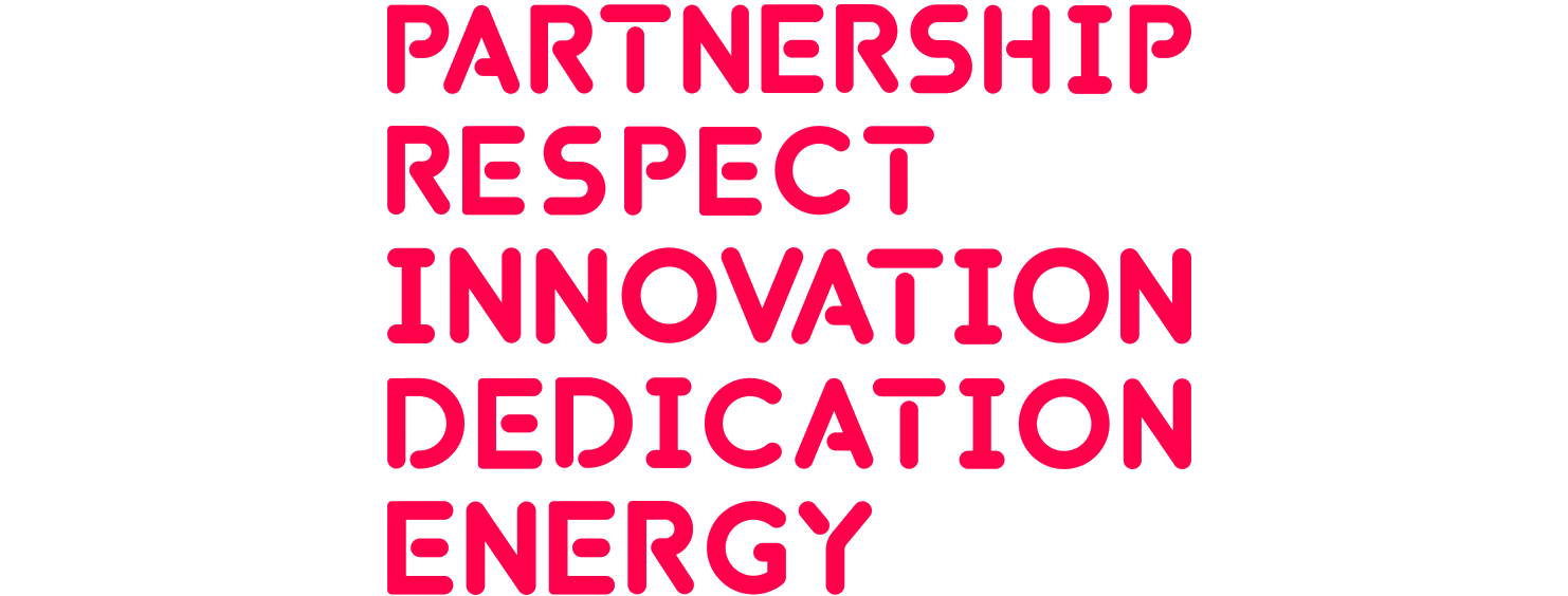 Text in pink font: Partnership, Respect, Innovation, Dedication, Energy.