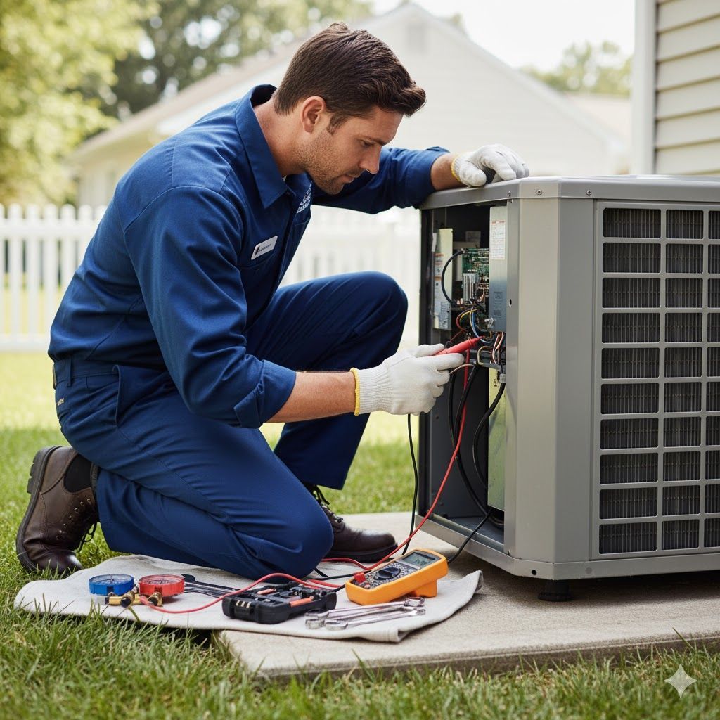 HVAC technician kneels to service an outdoor air conditioning unit. Using tools, he tests wiring outdoors in a yard.