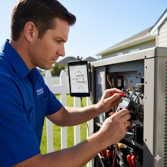 HVAC technician uses multimeter, looking at wiring, with tablet mounted nearby. Outdoors, by a fence.