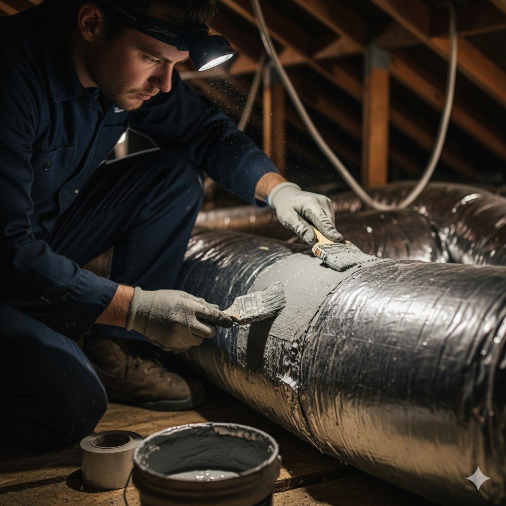 Person repairing HVAC ductwork in an attic, applying sealant with a trowel.