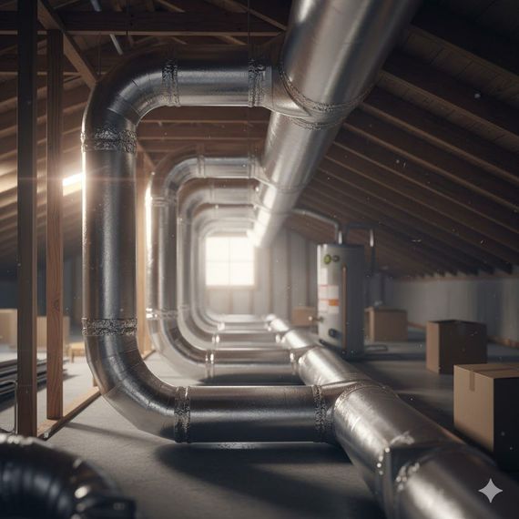 Galvanized metal ductwork in an attic, leading toward a window. Brown cardboard boxes and a water heater are visible.