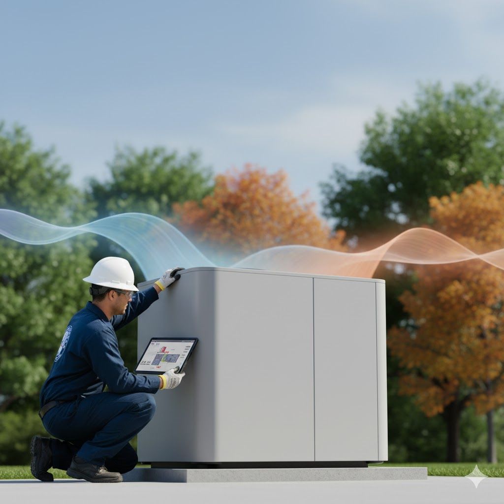 Technician inspects a heat pump, checking a tablet outdoors; orange and blue air flows visible.