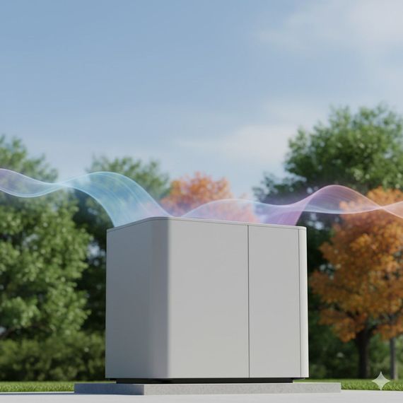 A modern, gray box emits colorful air currents outdoors in front of trees.