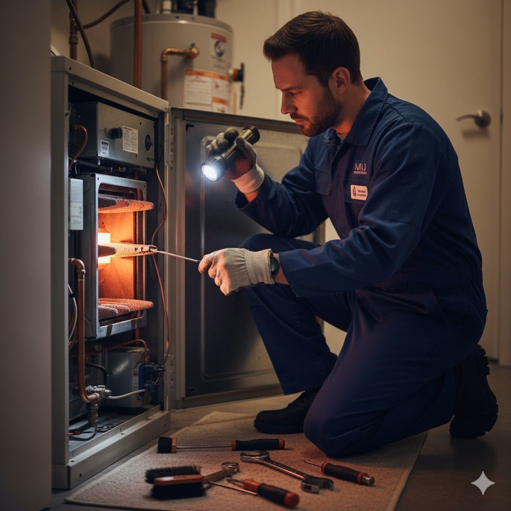 A person in blue coveralls examines heating equipment with a flashlight. Kneeling in a utility room, tools on the floor.