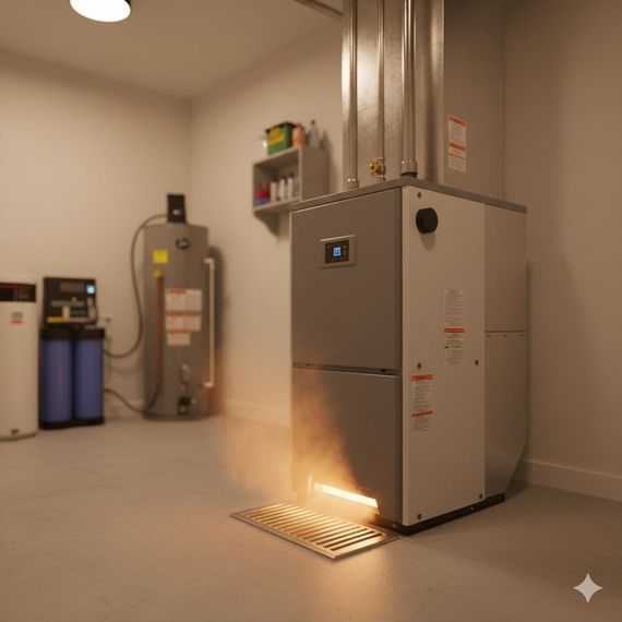 A furnace emitting heat into a small room, with a water heater and water filter visible.