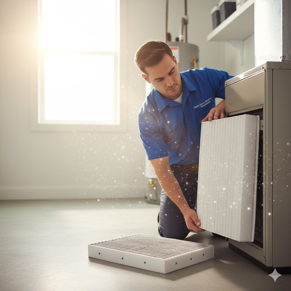 Man kneeling, replacing air filter in furnace room.
