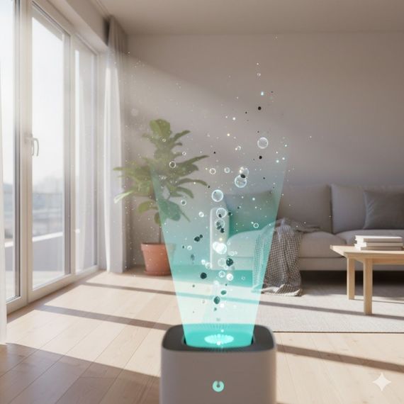 Air purifier in a sunlit living room; a beam of particles rises from it.
