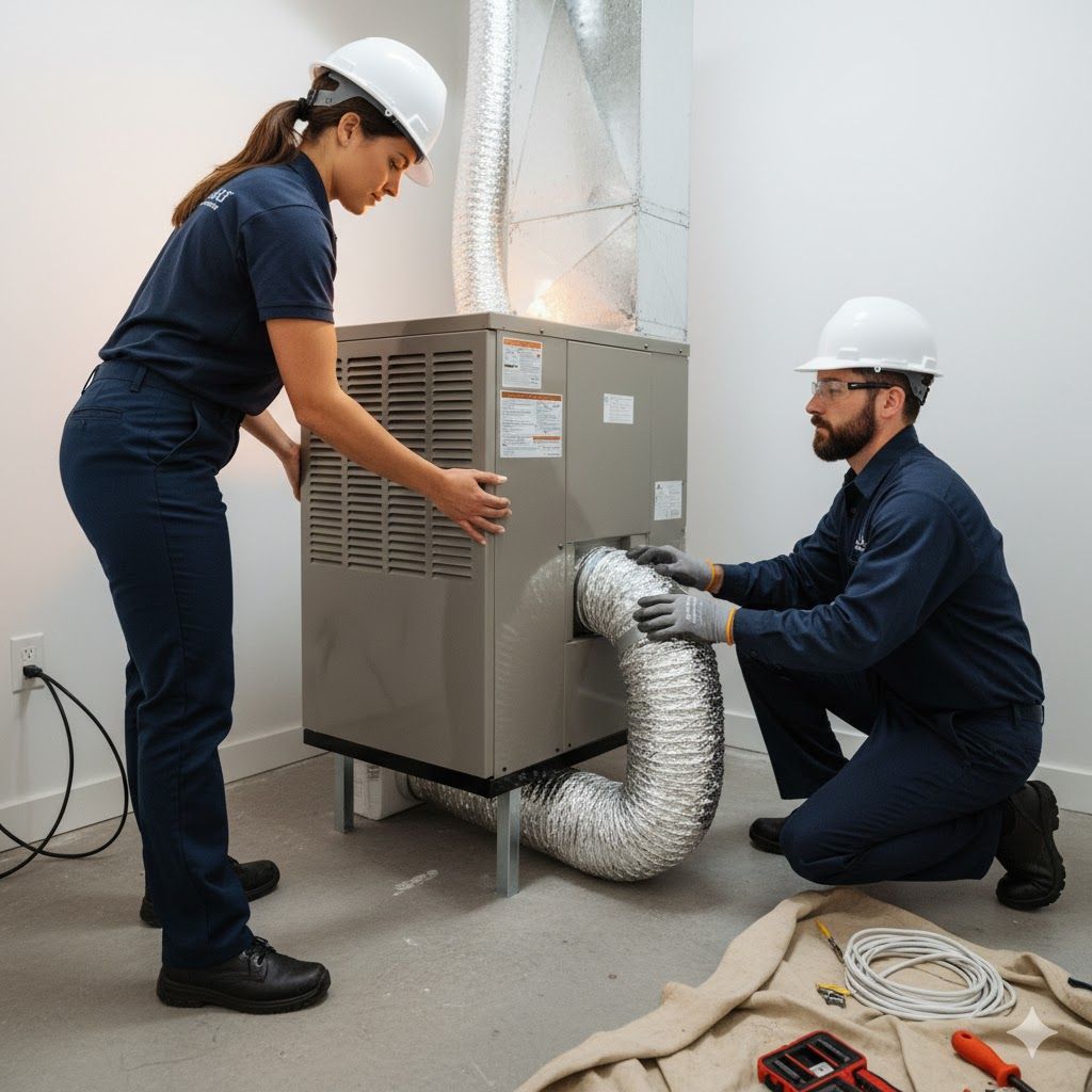 Two HVAC technicians installing a furnace in a room with ductwork.