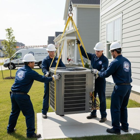 Four HVAC technicians lifting an air conditioning unit outside a house.