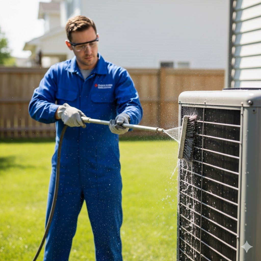 Man in blue jumpsuit and safety glasses washing an outdoor air conditioning unit with a hose.
