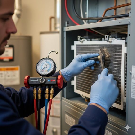 HVAC technician cleaning an air conditioner coil with a brush, using a manifold gauge.