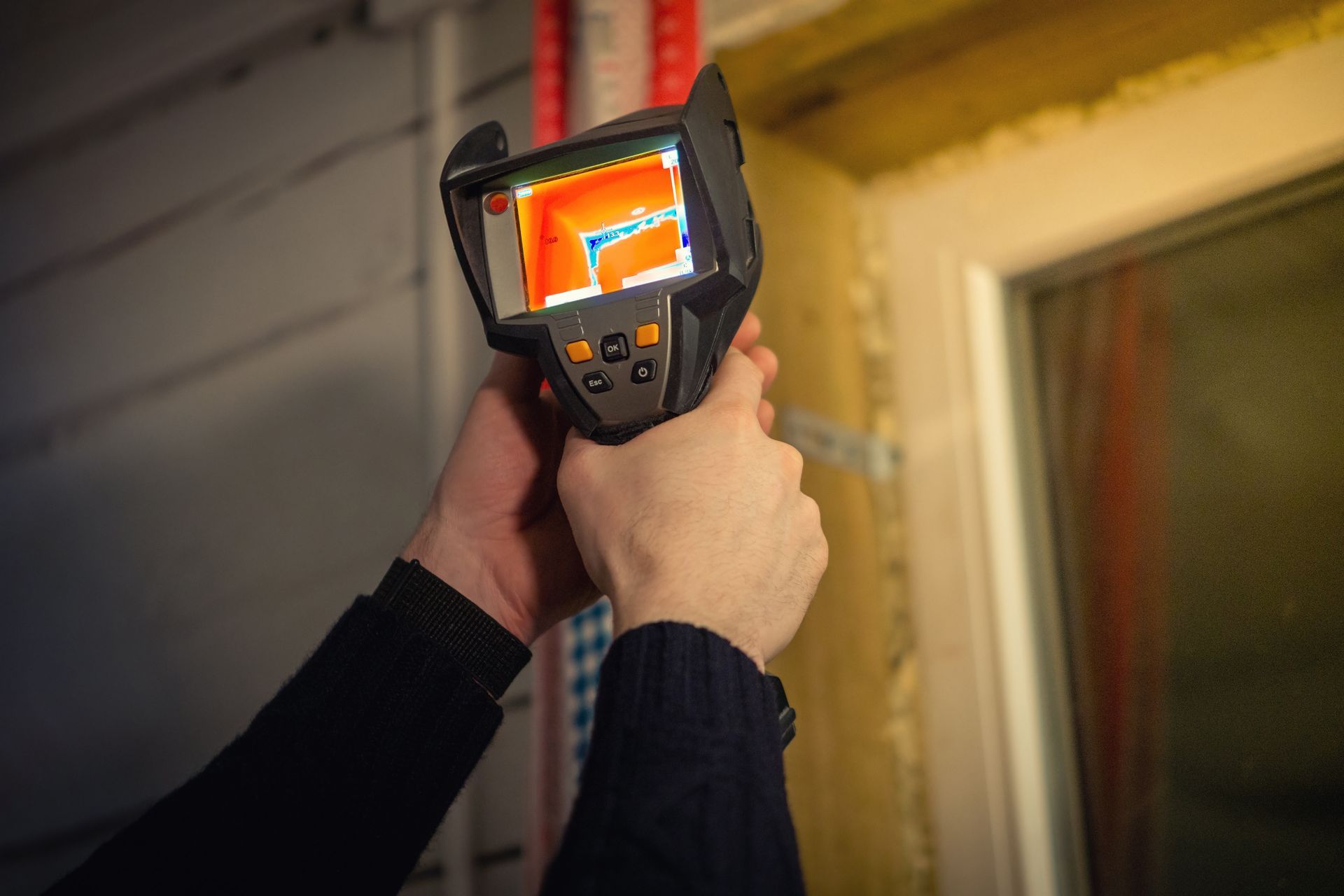 A person is holding a thermal camera over a window.