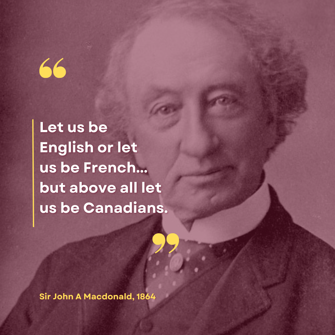 A man in a suit and tie says let us be english or let us be french but above all let us be canadians