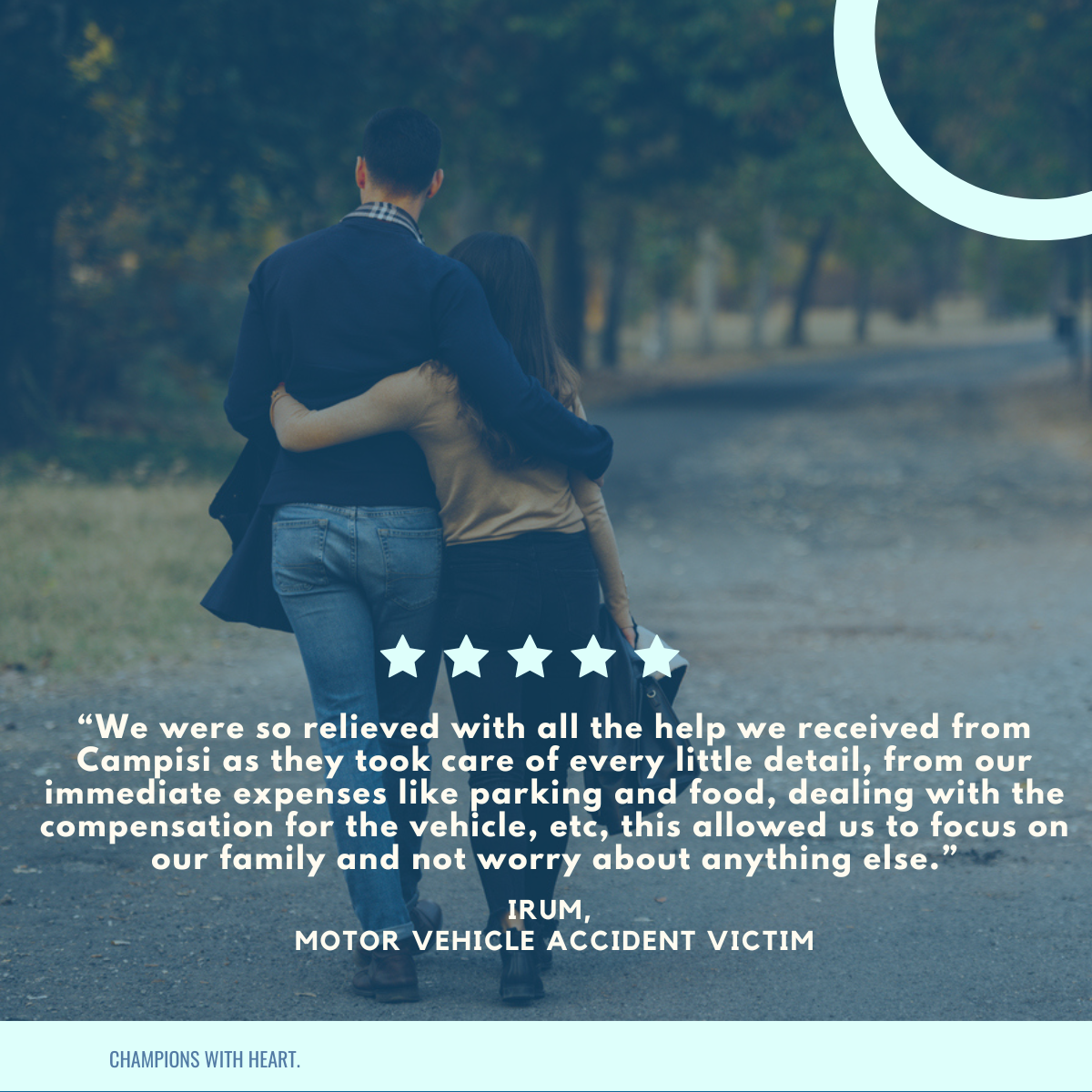 A man and a woman walking down a road with a review of campisi