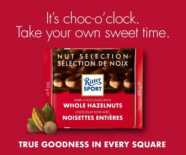 An advertisement for ritter sport chocolate with whole hazelnuts