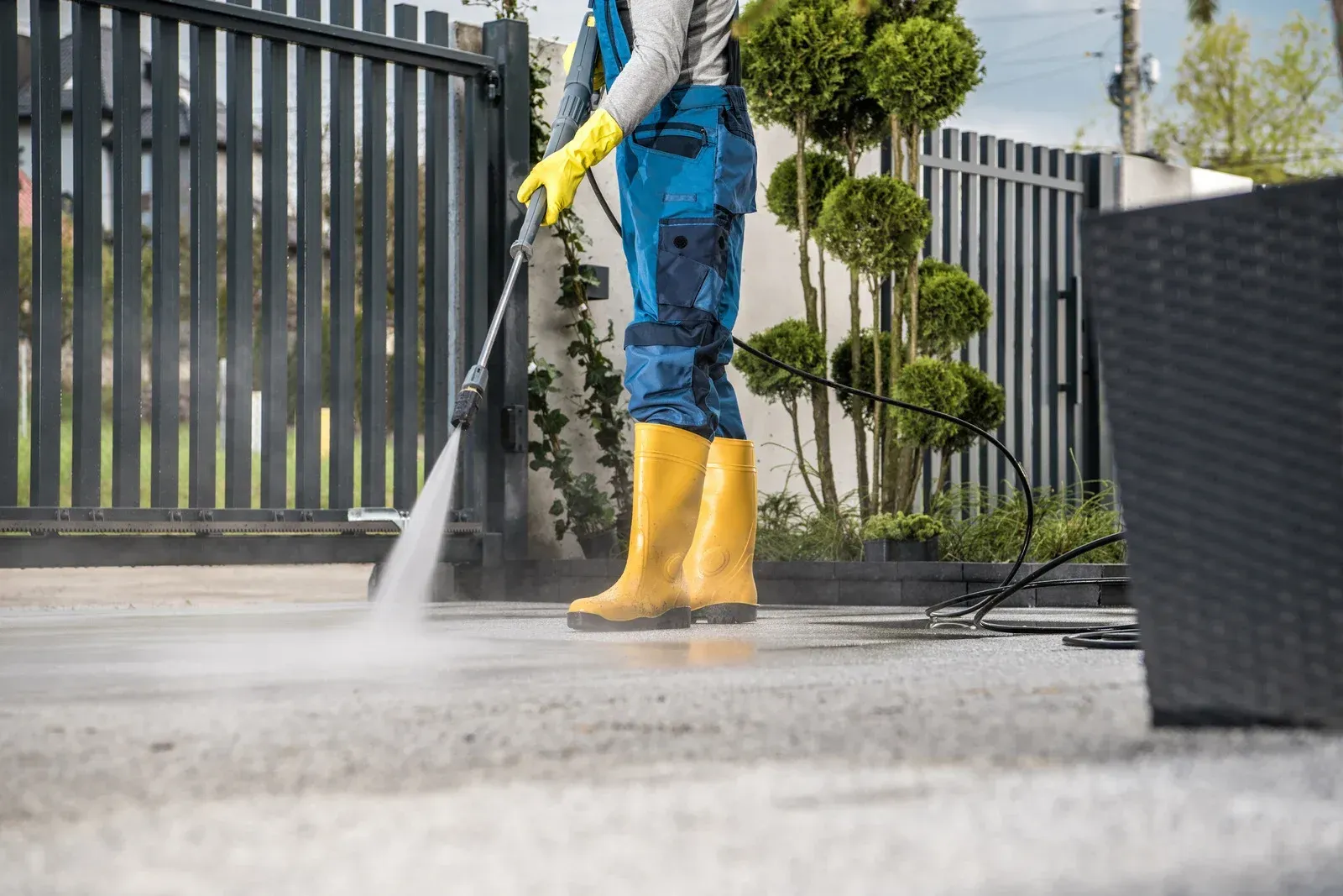 A man is using a high pressure washer to clean a driveway.