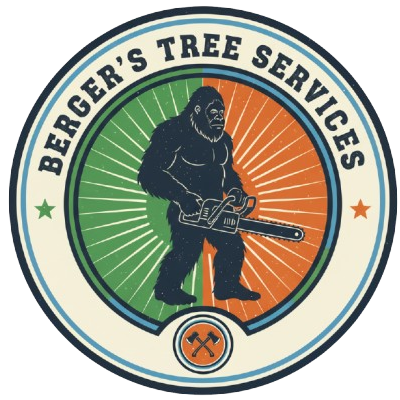 Berger's Tree Services logo: ape with chainsaw in a green/orange circle, with text, and crossed axes.
