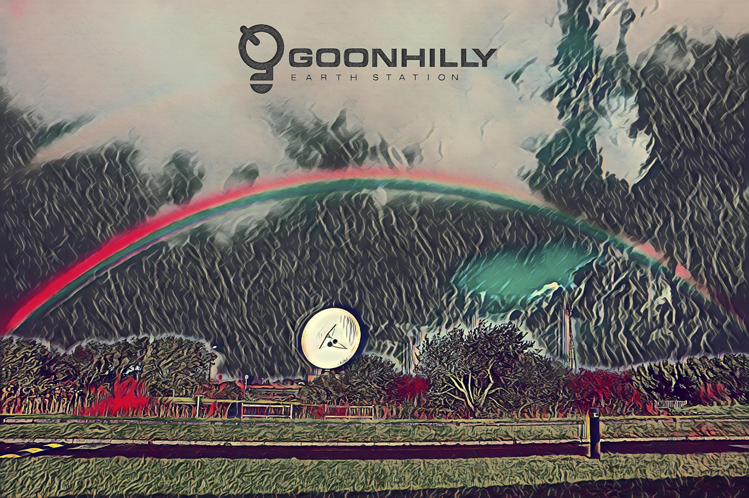 An artist's illustration depicting Goonhilly's 32m antenna under a rainbow