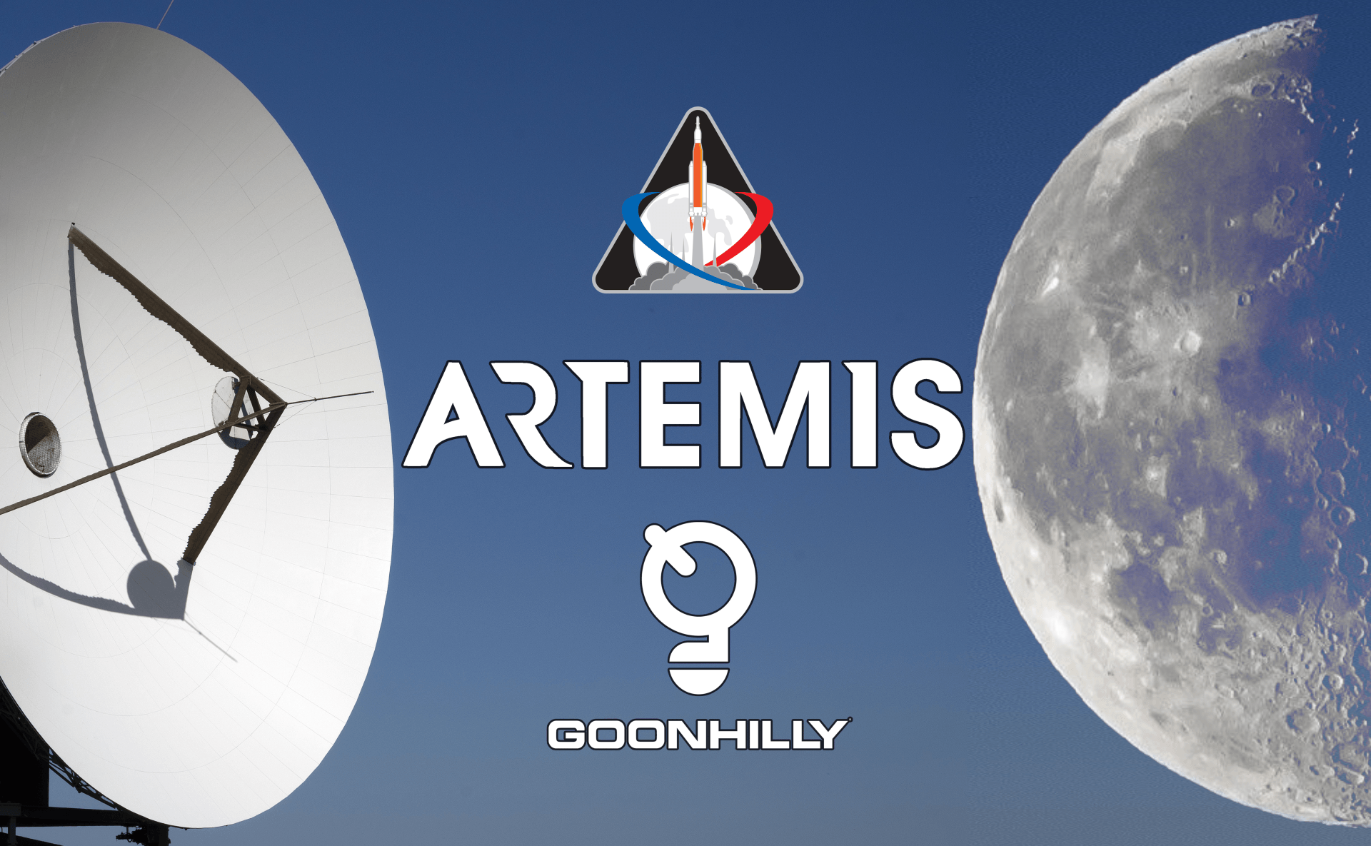 Ghy6 Antenna, and the Moon with Artemis Logo and Goonhilly Logo