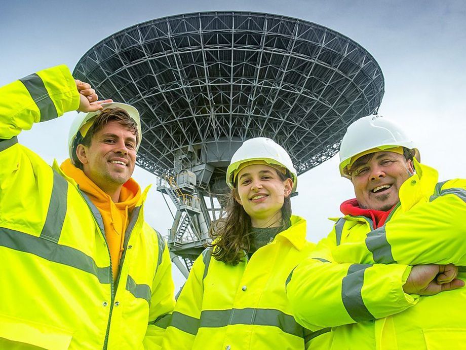 Photo featuring CBeebies presenters and a Goonhilly staff member during filming of a BBC programme episode of Fred and Pete's Treasure Tales