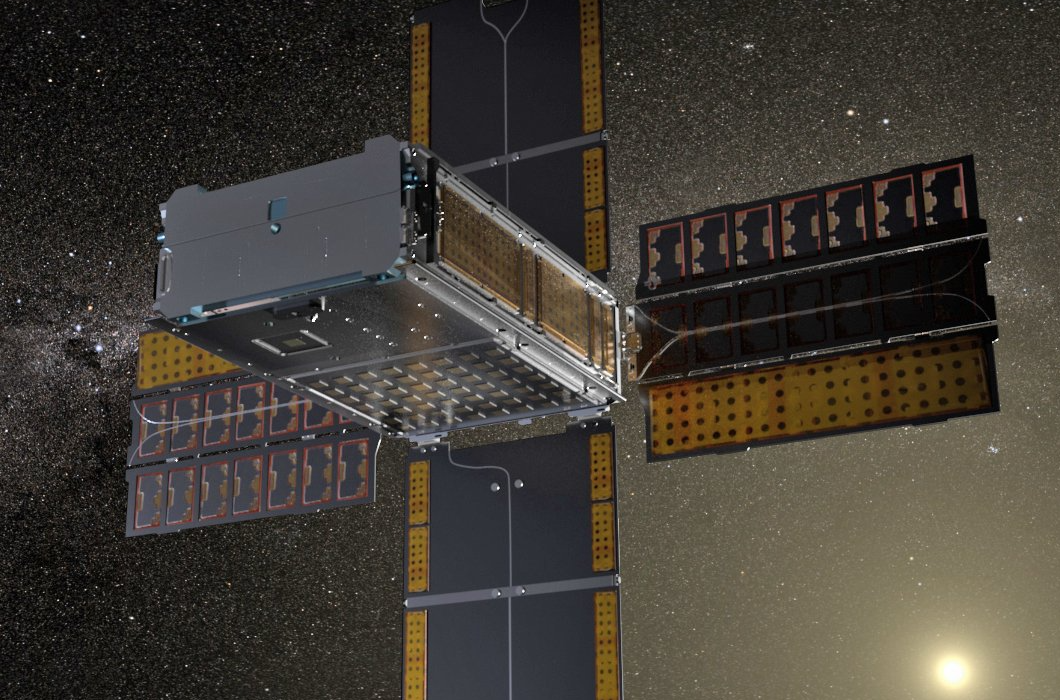 An artist's impression of a satellite in deep space, performing a scientific mission