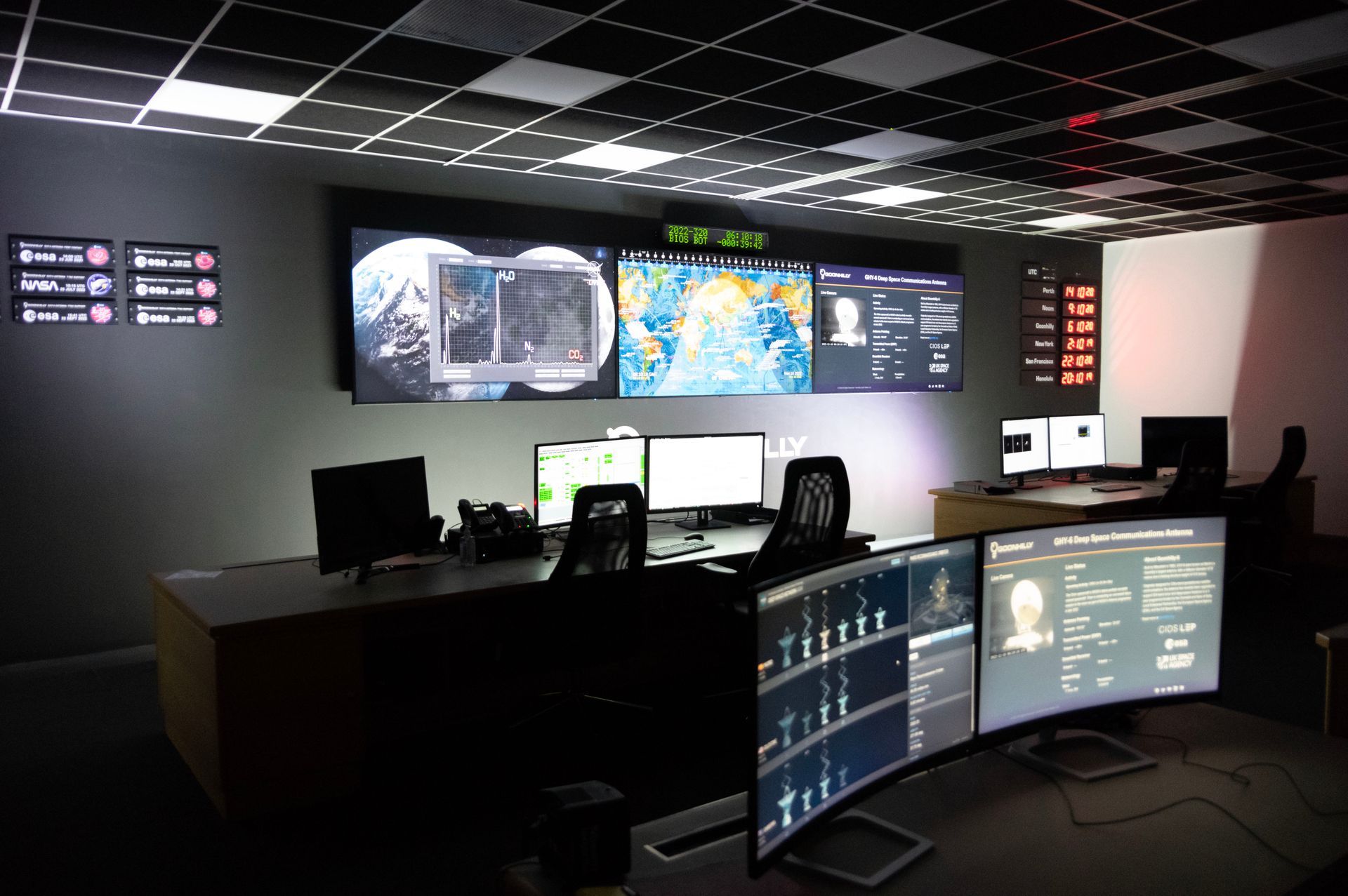 Young members of Goonhilly's Deep Space Network Operations team sit in the Operational Control Centre (OCA), tracking a spacecraft for an international space agency