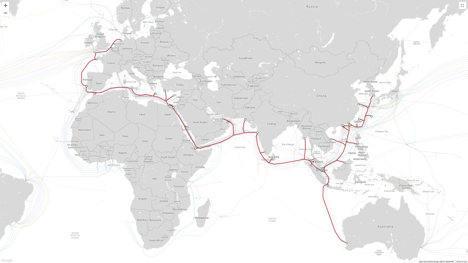 World Map showing 'Seamewe-3' sea floor cables to Goonhilly from across the world