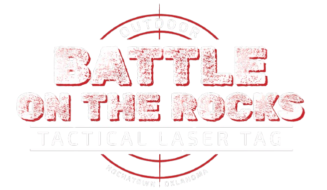 Red distressed “BATTLE ON THE ROCKS” tactical logo with red crosshair circle on white background