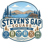 Steven’s Gap Square logo with mountains, cabins, trees, and adventure icons on a blue circular badge