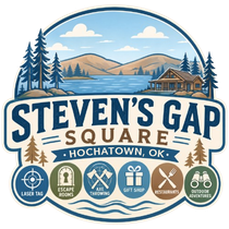 Steven’s Gap Square logo with mountains, cabins, trees, and adventure icons on a blue circular badge