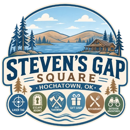 Steven’s Gap Square logo with mountains, cabins, trees, and adventure icons on a blue circular badge
