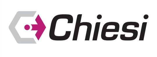 The chiesi logo is black and white with a pink arrow pointing to the right.