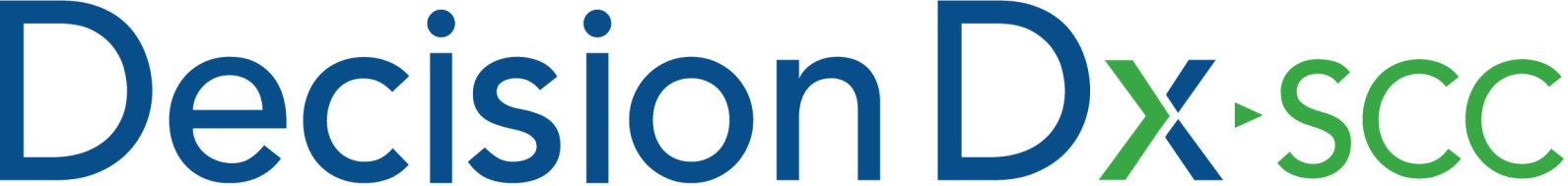 A blue and green logo for decision dx ssc