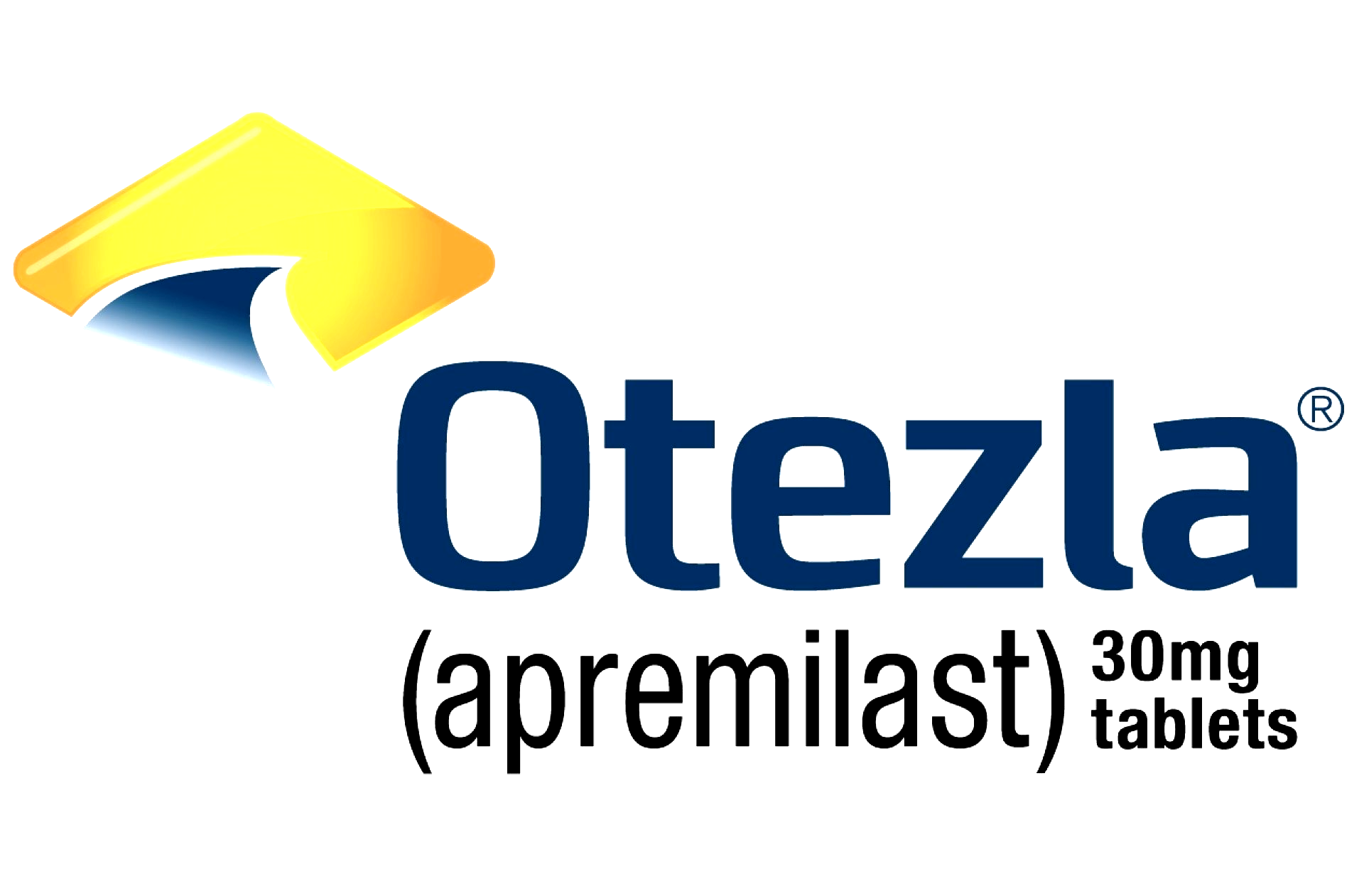 A blue and yellow logo for otezla 30mg tablets