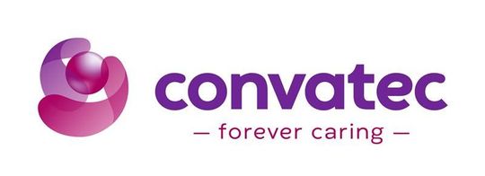 The convatec logo is purple and pink and says `` forever caring ''.