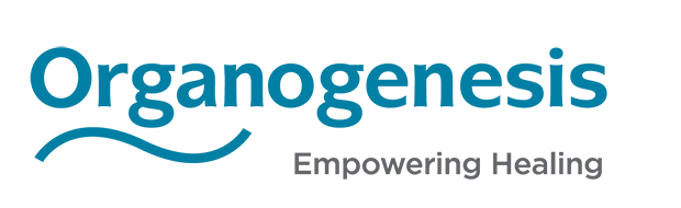 The logo for organogenesis empowering healing is blue and white.