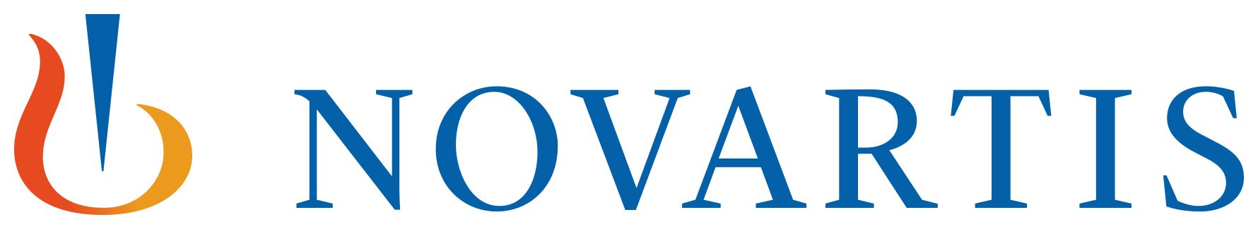 Novartis logo in blue with orange emblem on white background