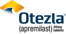 A blue and yellow logo for otezla 30mg tablets