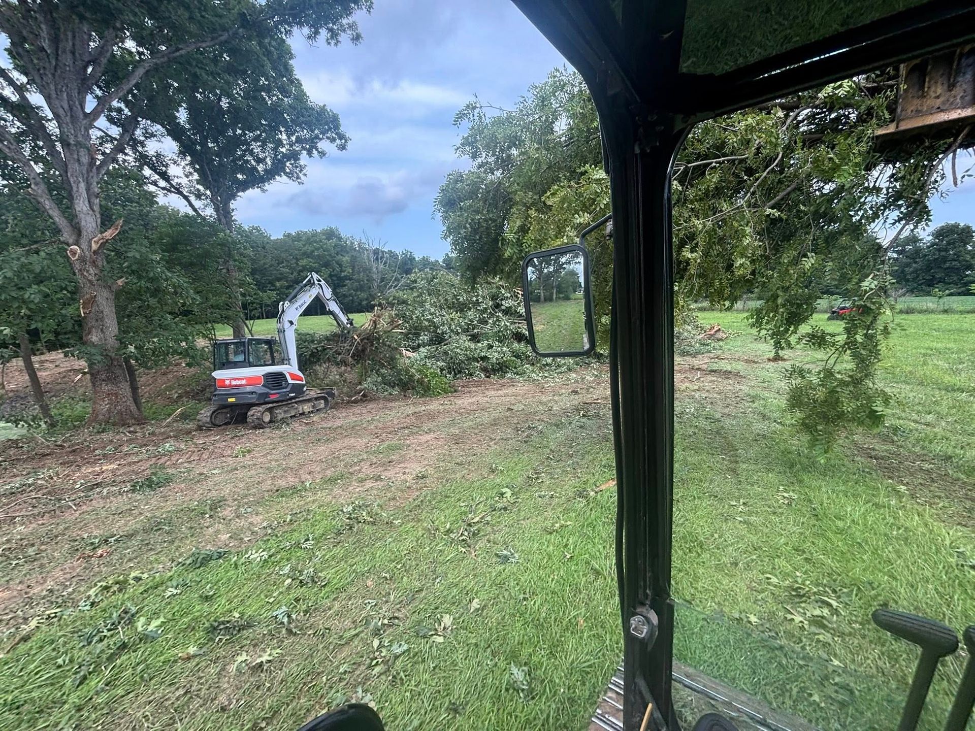 An excavator clearing trees and brush from a grassy field next to a tree line.