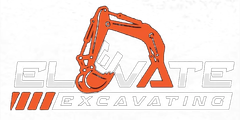 Orange excavator arm over “ELEVATE EXCAVATING” text.