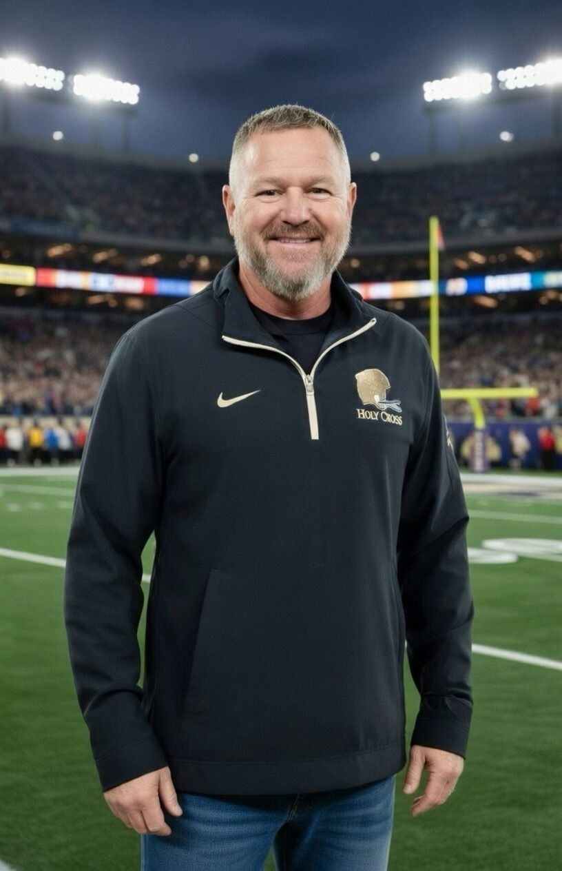Man with crossed arms on a football field. He is wearing a blue polo shirt, khaki pants, and has a serious expression.