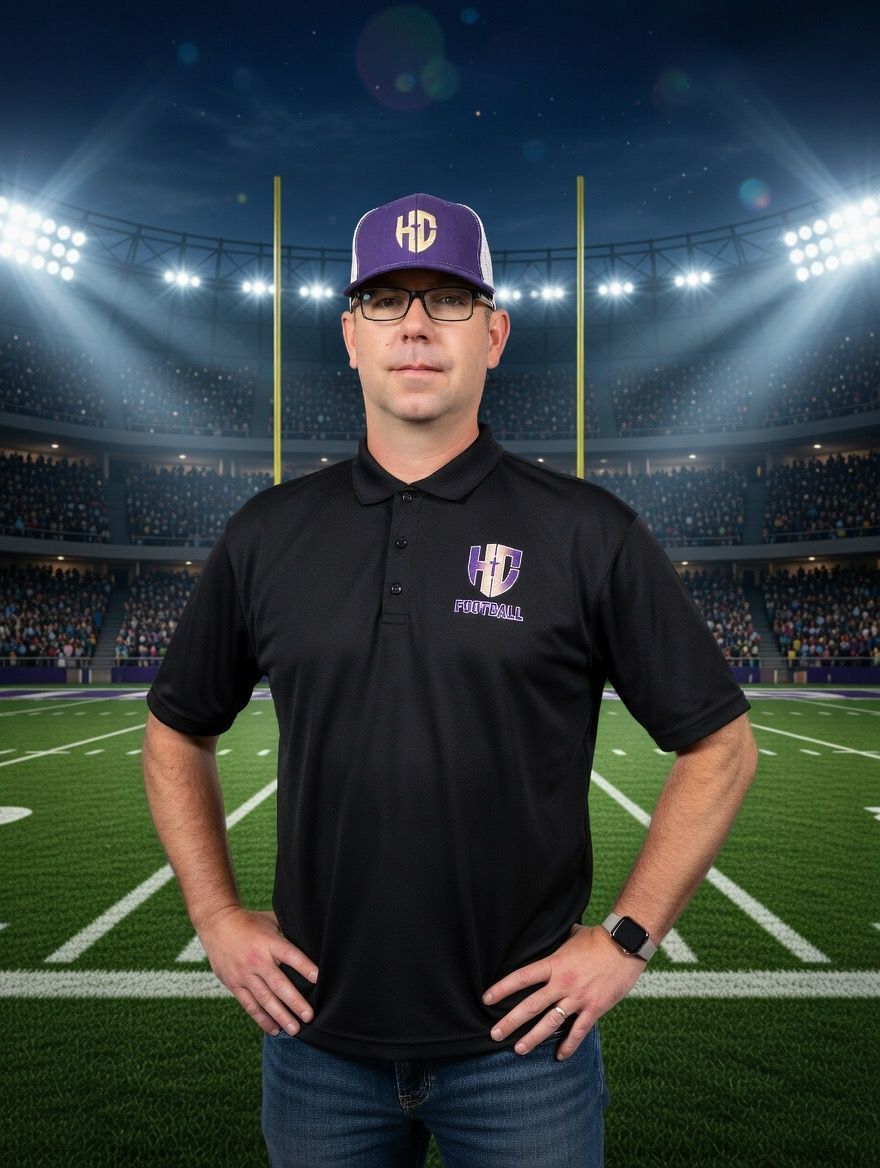 Man in green polo stands on a football field, arms crossed, stadium in background.