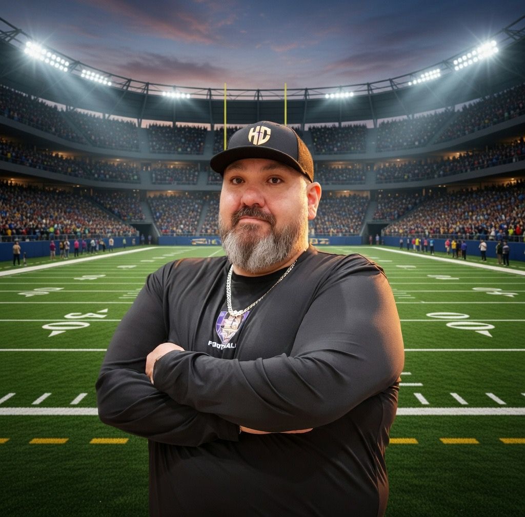 Man in green polo stands on a football field, arms crossed, stadium in background.