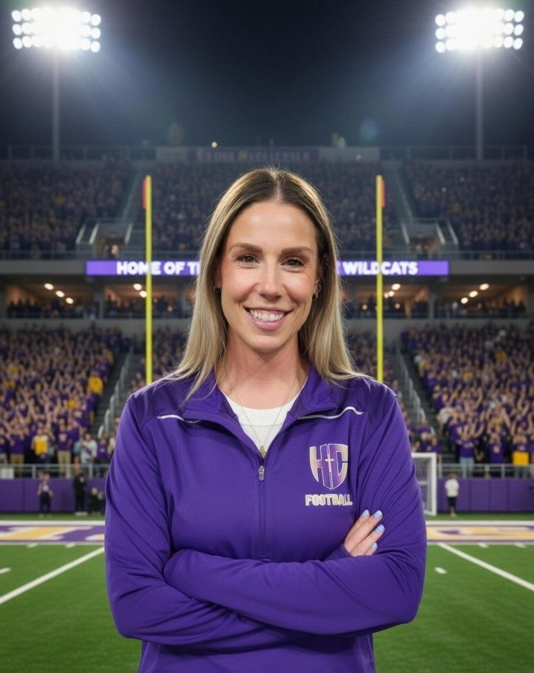 Football coach, arms crossed, on the field. Blue shirt, serious expression, players in background.
