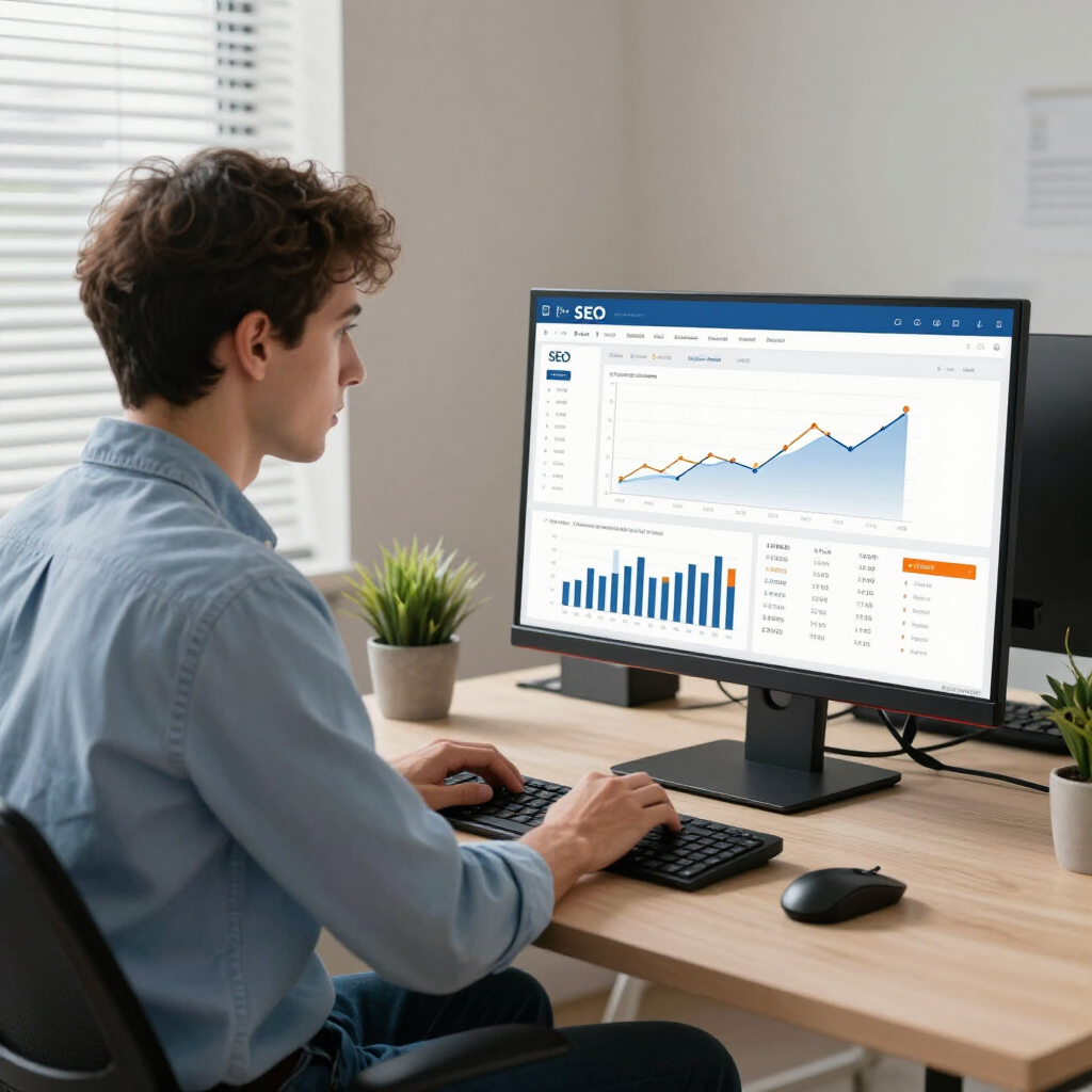 Marketer reviewing digital marketing analytics dashboard with growth charts on a desktop monitor